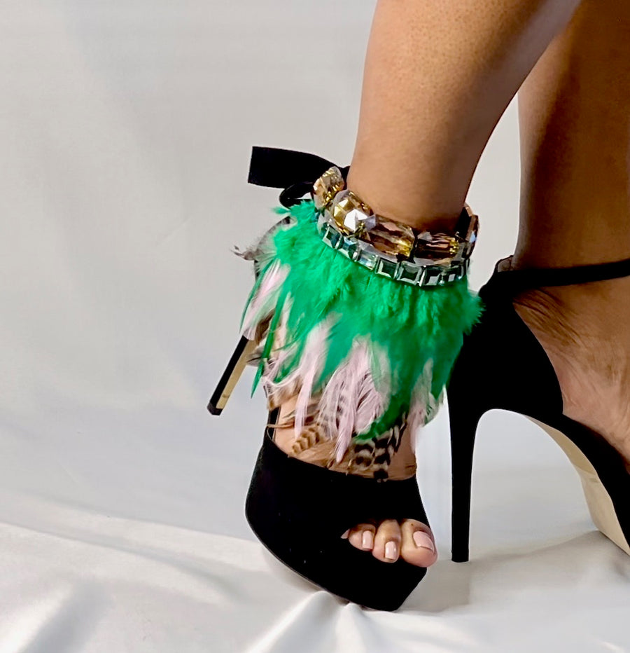 The R.E.P YOU COCO Anklet- Beige, Candy Pink & Apple Green Feathers with Pink & Green Crystals(sold as a pair)