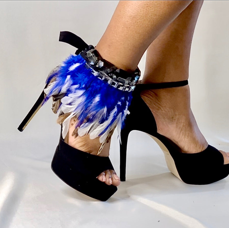 The R.E.P YOU COCO Anklet- Beige, Royal & White Feathers with Antique & Smoke Crystals(sold as a pair)
