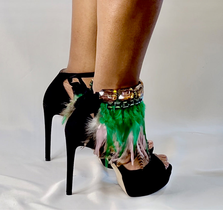 The R.E.P YOU COCO Anklet- Beige, Candy Pink & Apple Green Feathers with Pink & Green Crystals(sold as a pair)