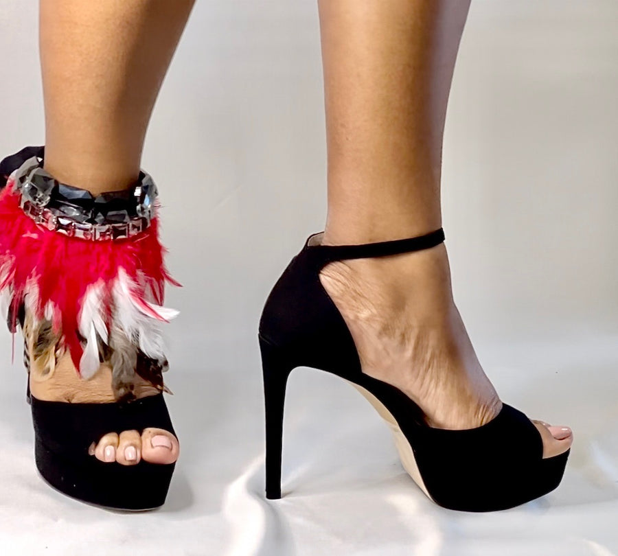 The R.E.P YOU COCO Anklet- Beige, Red & White Feathers with Antique & Smoke Crystals(sold as a pair)