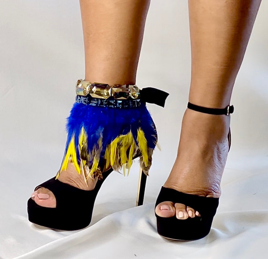 The R.E.P YOU COCO Anklet- Beige, Royal & Yellow Gold Feathers with Golden & Ocean Crystals(sold as a pair)